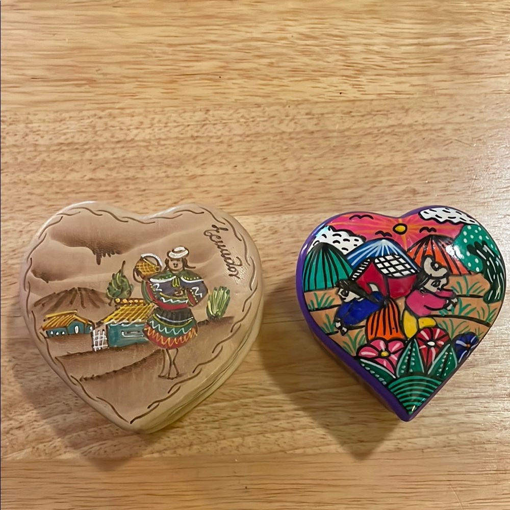 2 Heart-Shaped trinket boxes- 1 is a soft vinyl, the other 1 is painted Mexico.